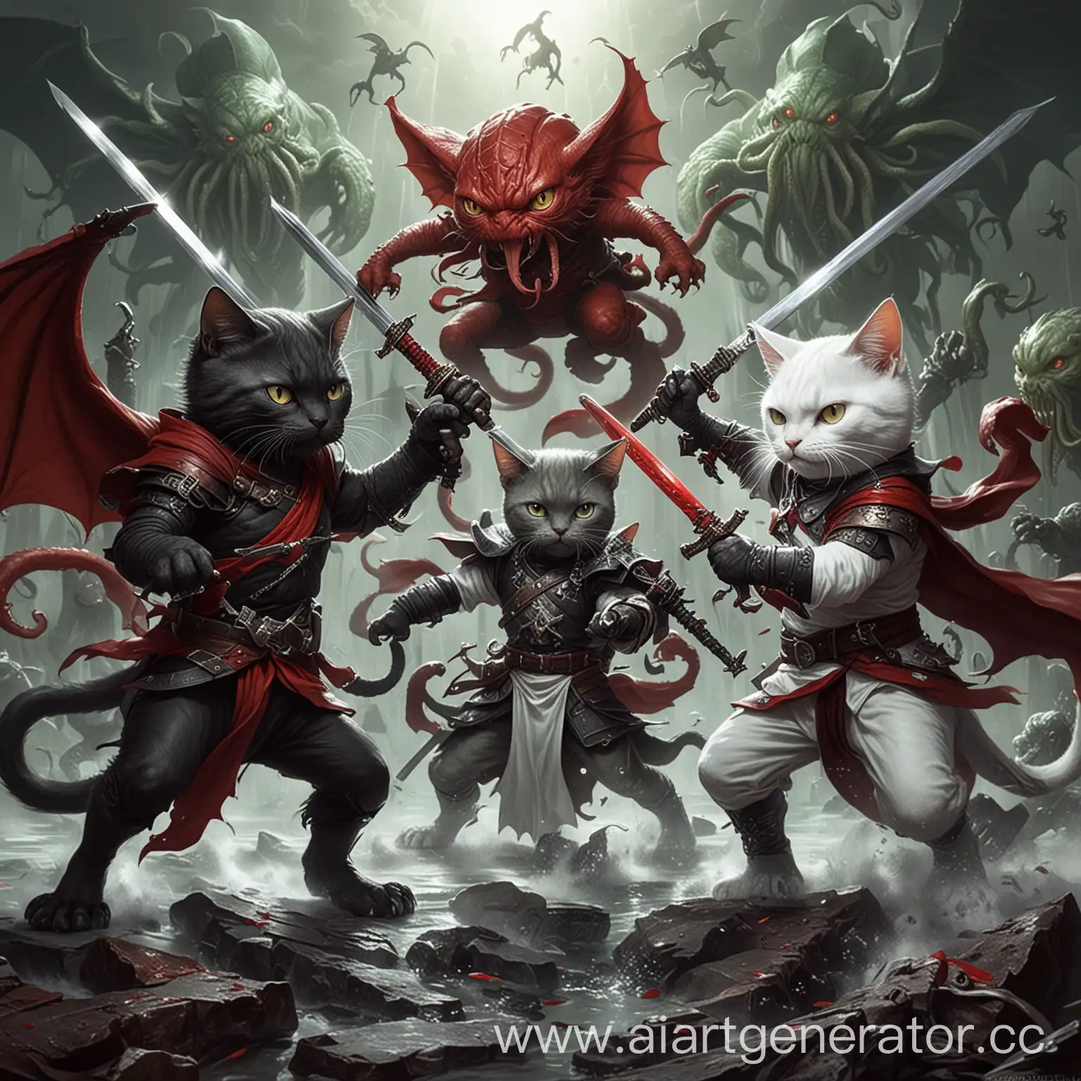 three cats fighting with swords with Cthulhu. one cat is red. the second one is black. the third one is black and white.