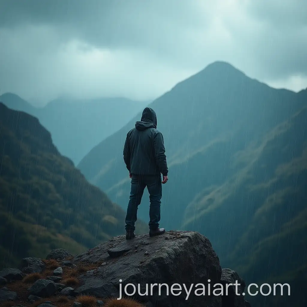 Man-Standing-on-Mountain-Peak-in-Stormy-Weather