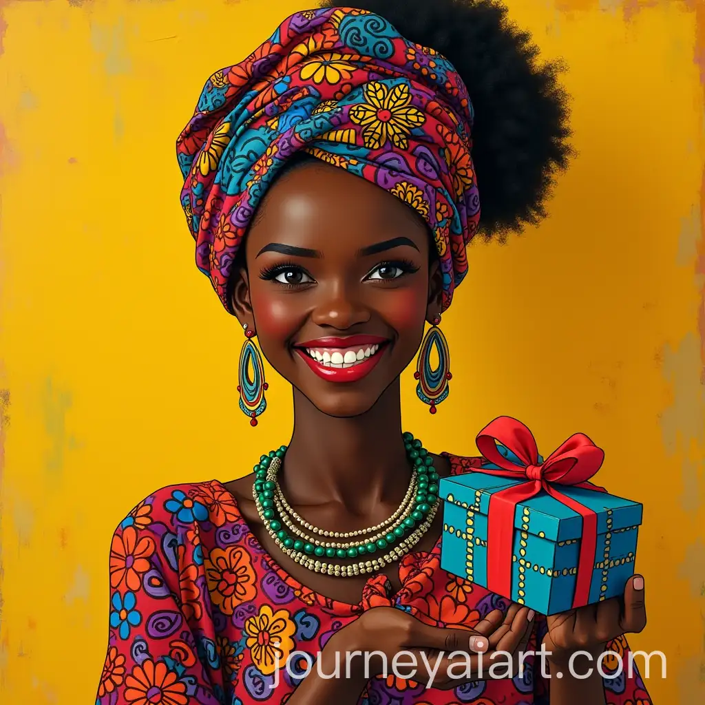 Smiling-African-Woman-in-Colorful-Head-Wrap-Holding-Christmas-Gift