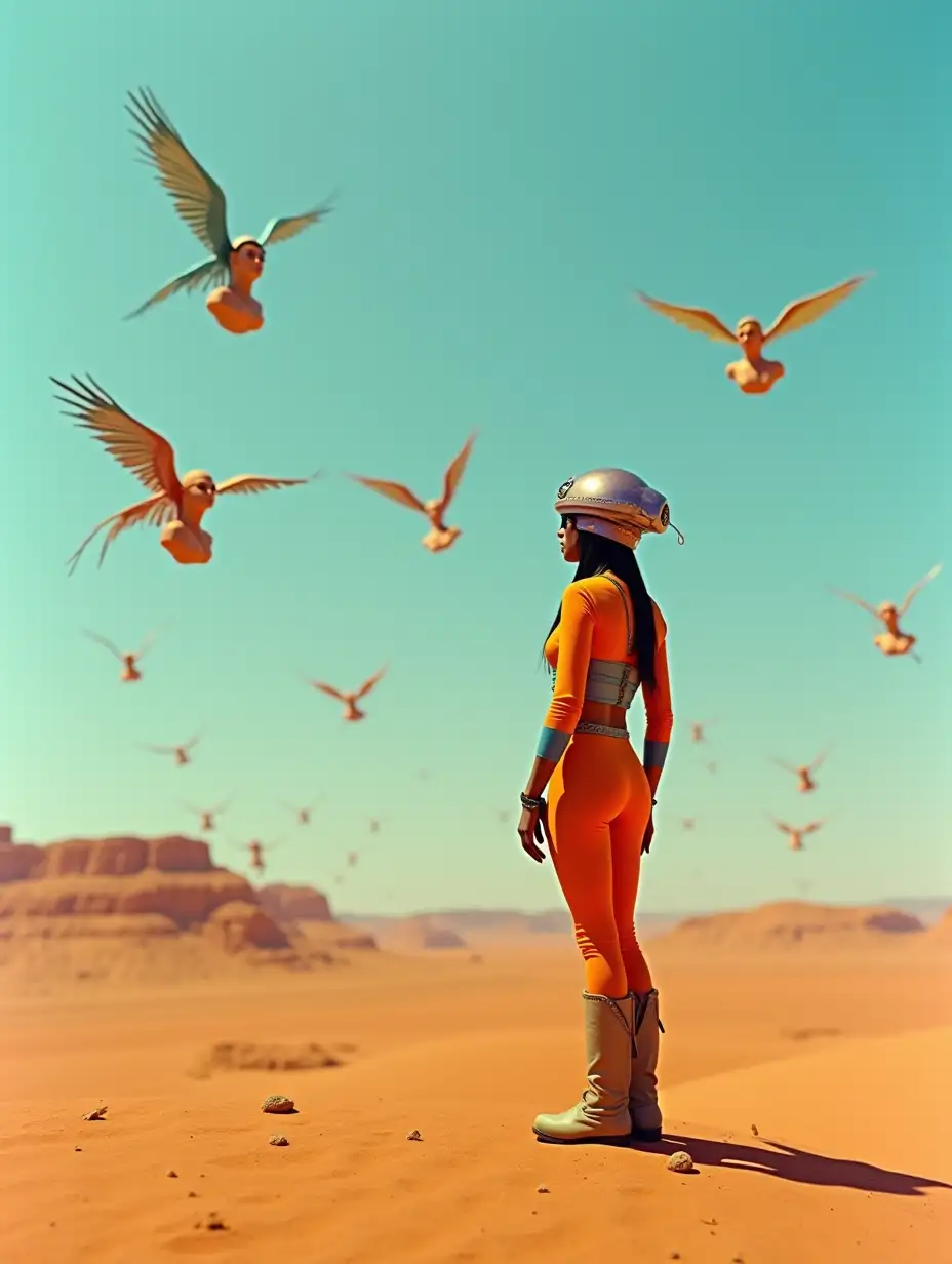 Native-American-Woman-in-Futuristic-Outfit-Watching-Flying-Bust-Models-in-Sunny-Desert