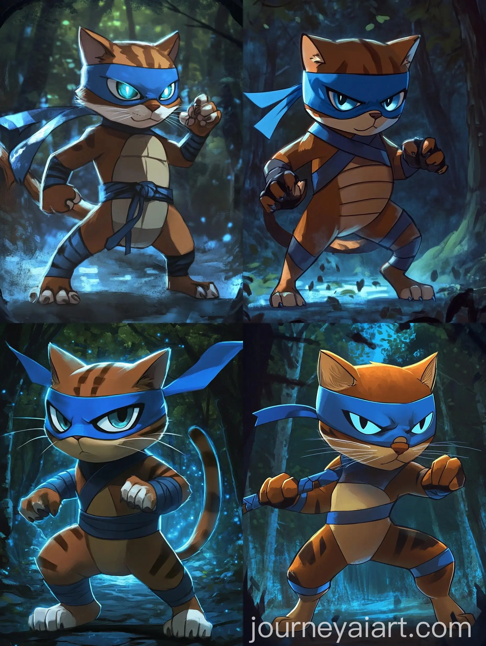 Cartoon-Cat-with-Blue-Ninja-Bandana-in-Forest-Setting