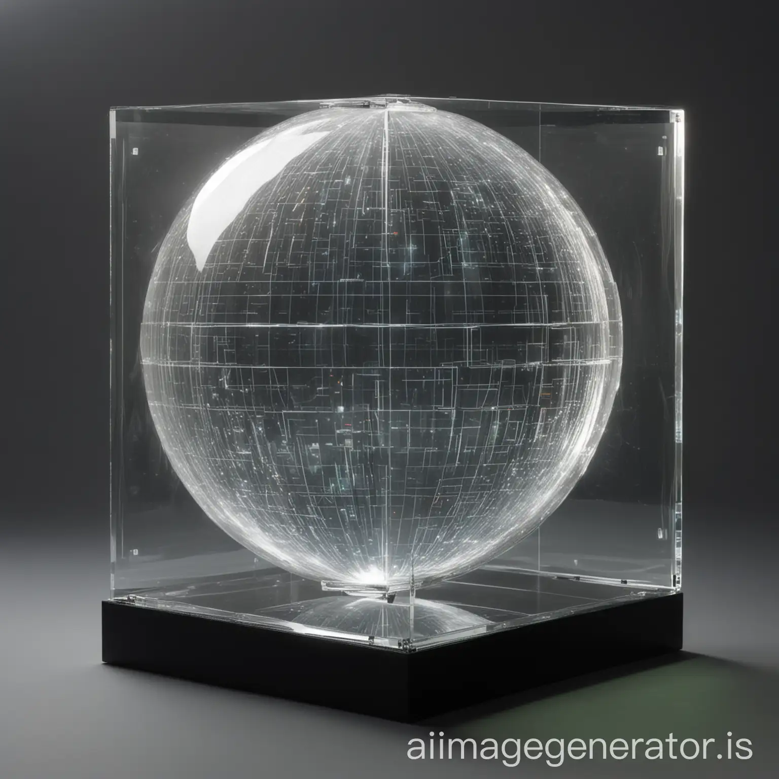 A double-layered transparent, smooth, rectangular prism with a huge spherical glowing LED screen in the middle