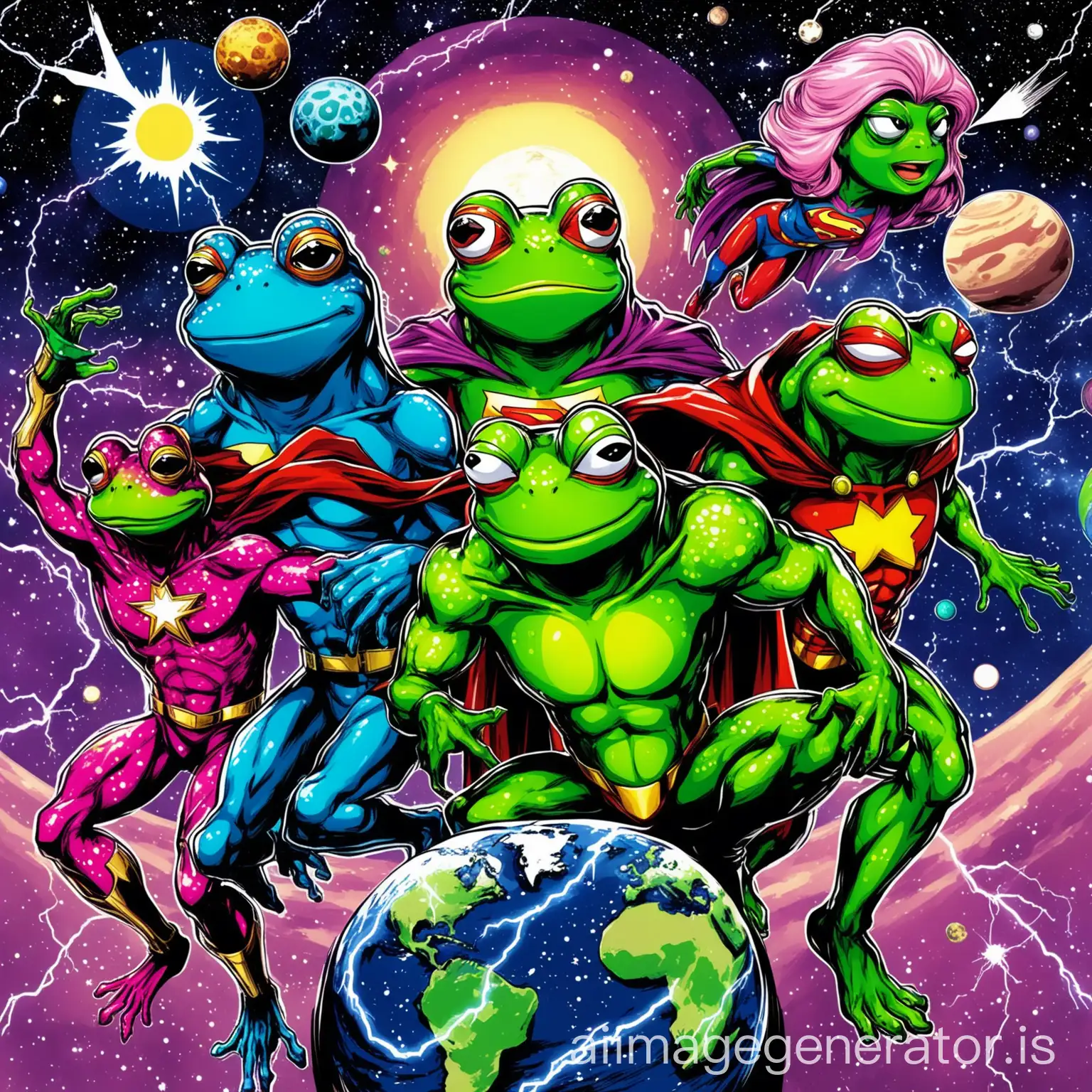 in this image there are 4 characters from PEPE comics, they have big apparent pink brains, they are tall and strong and have green skin, they have the appearance of 4 superheroes whit costum, with super powers, the scene takes place on an imaginary planet, there is a starry sky with several planets and galaxies and lightning, in the sky it is written: 'Frogs-Men Unchained'