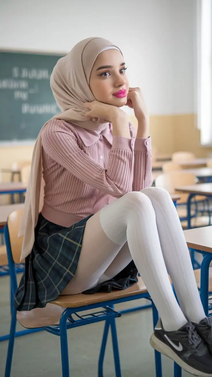 Elegant-17YearOld-Girl-in-Hijab-Sitting-at-Classroom-Desk