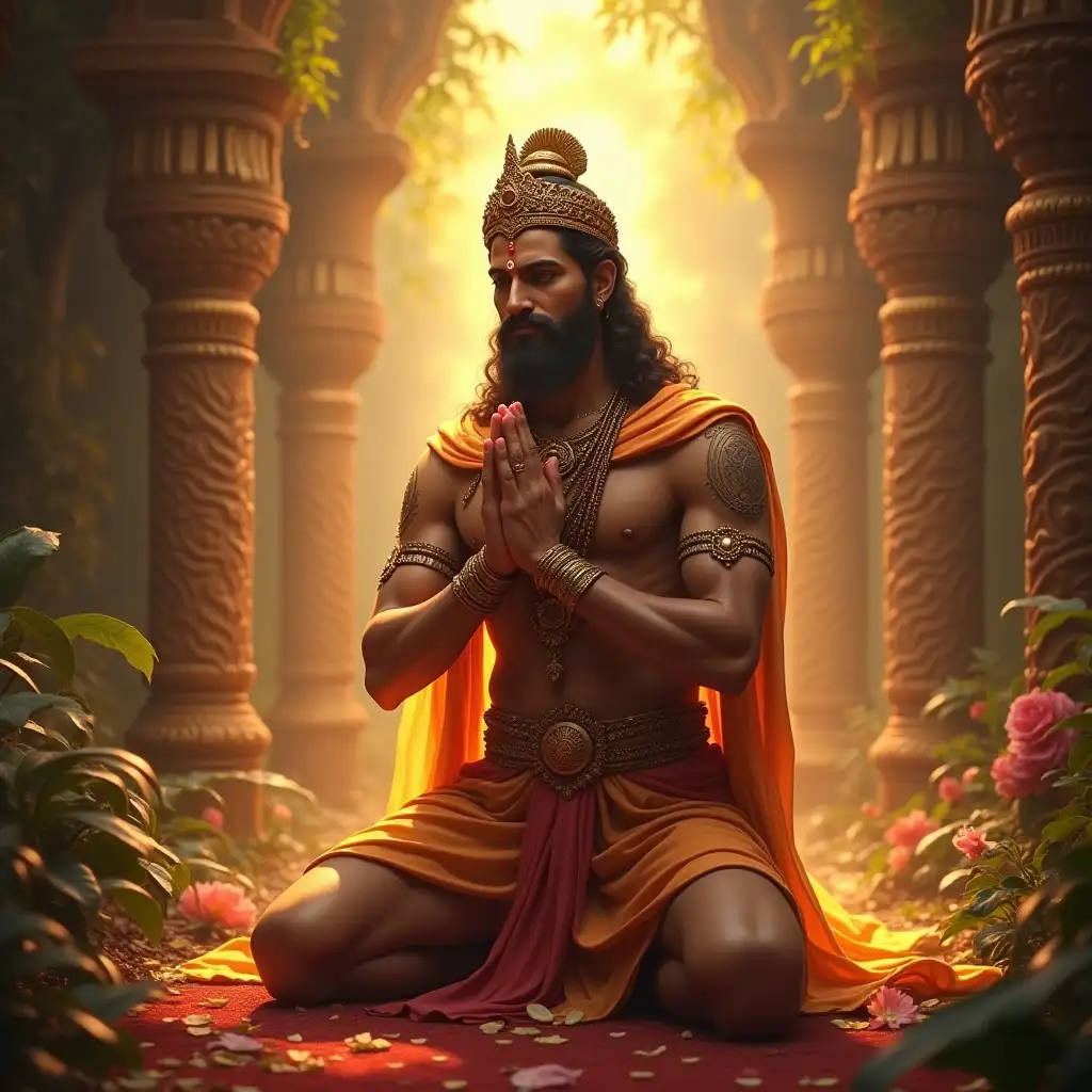 King-Bhagirath-Kneeling-in-Prayer-with-Glowing-Aura-in-Royal-Setting