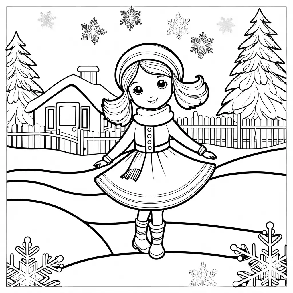 Girl-in-Christmas-Dress-Playing-in-Snow-with-Falling-Snowflakes