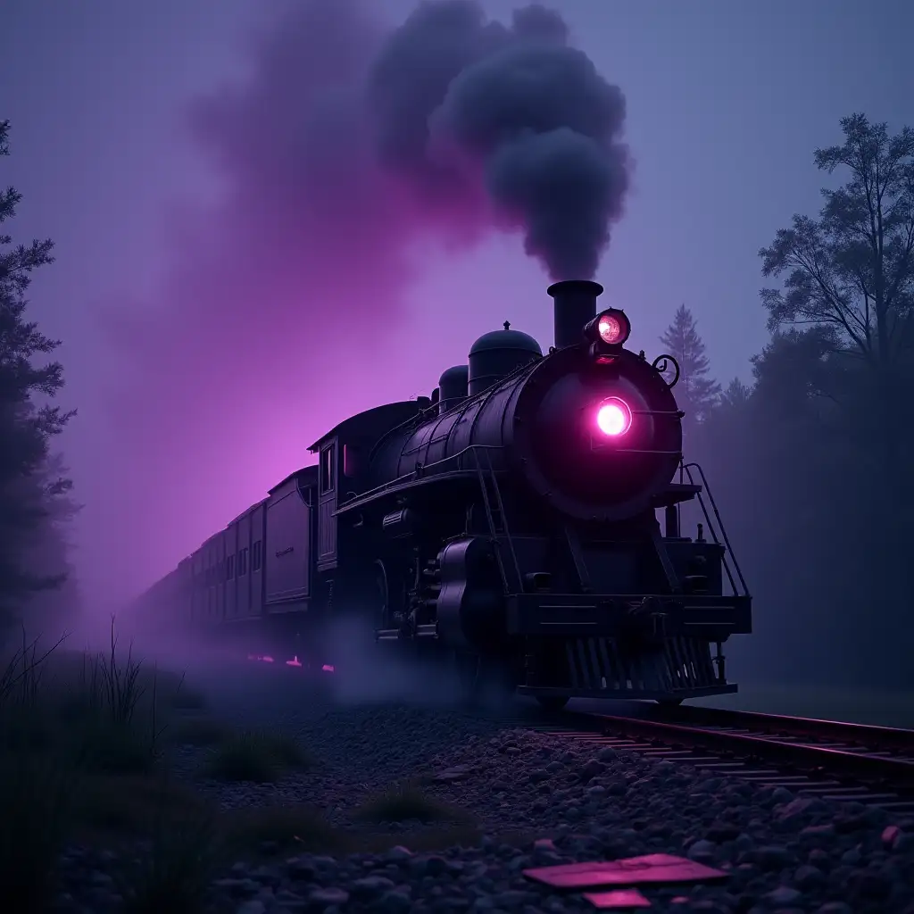 steam locomotive of purple color, russia, avatar, horror, in the darkness, without wagons, lan in the background, realistic style