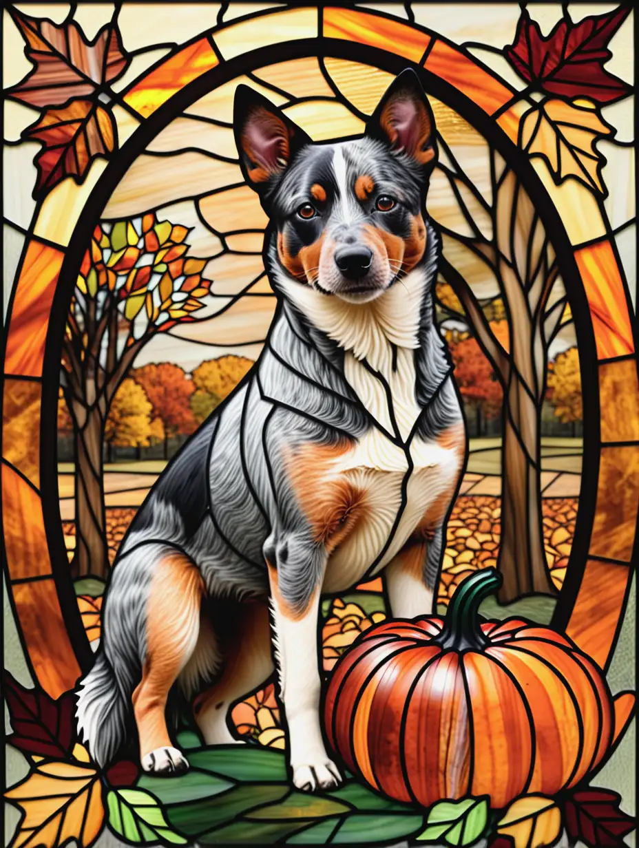 Australian Cattle Dog with Pumpkin and Fall Leaves in Stained Glass Design