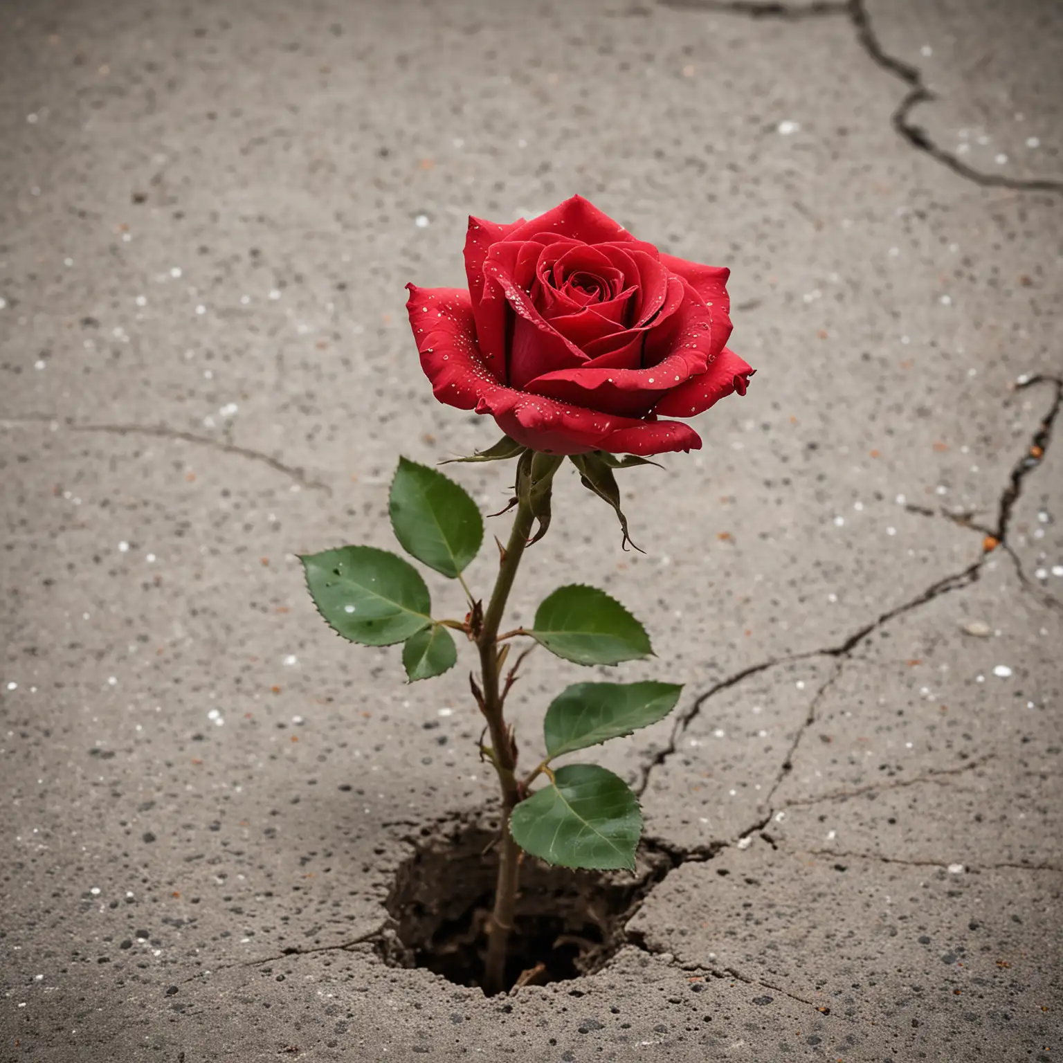 Single Red Rose Growing from Solid Concrete