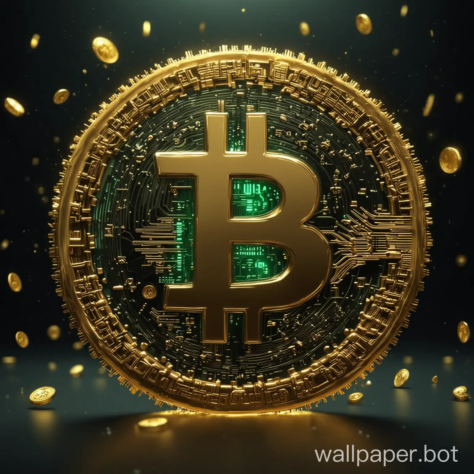 Golden-Bitcoin-Shape-on-Black-Magic-Background-with-Falling-Green-Numbers