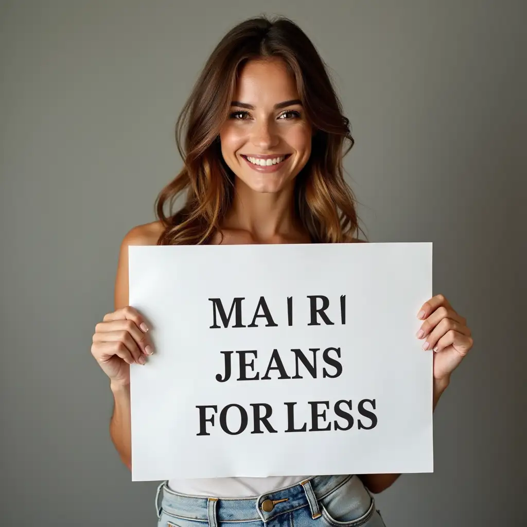 A beautiful woman  Holding a sign with a custom message  MacJeans for less