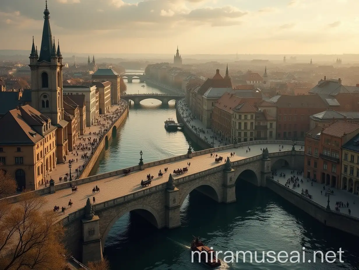 18th Century Stone Bridge Over City River with Historic Buildings and Carriages