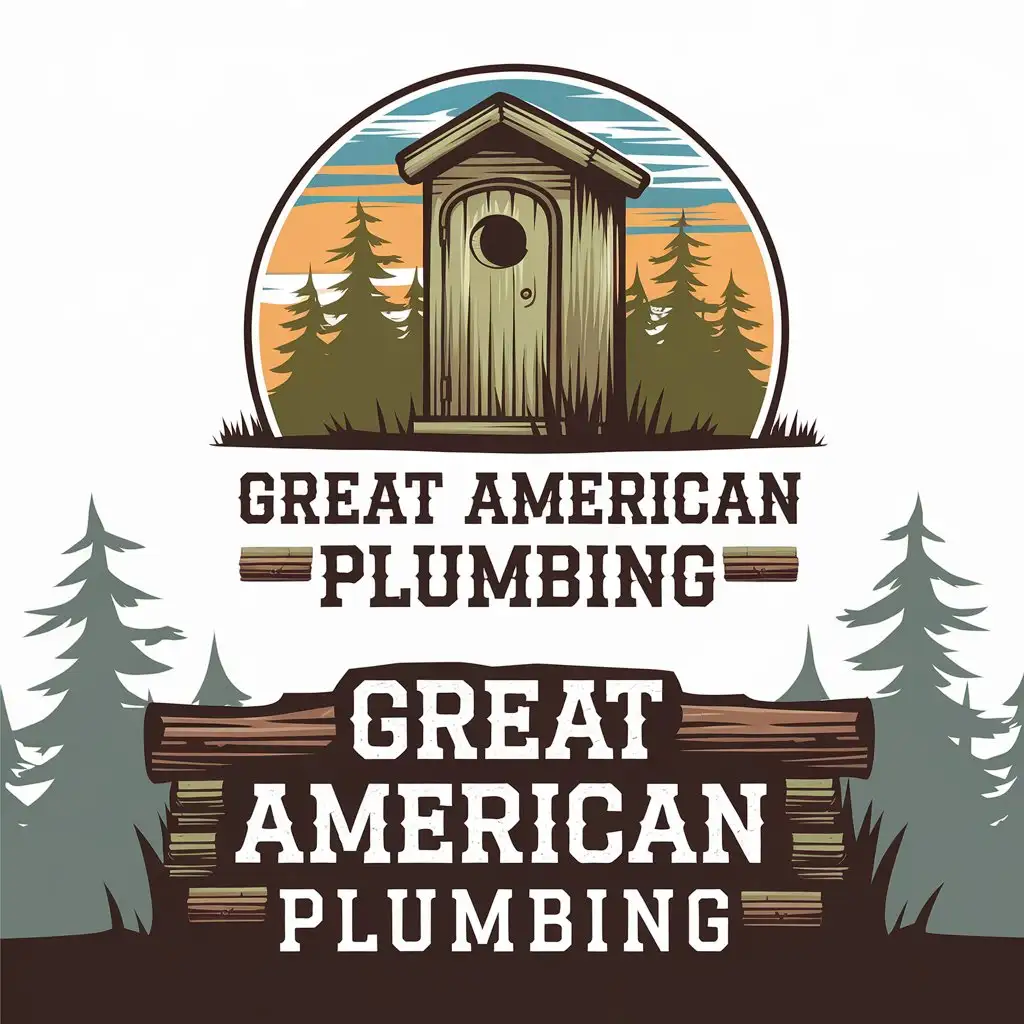 LOGO Design for Great American Plumbing Vintage Summer Camp Theme with Outhouse in Pine Forest