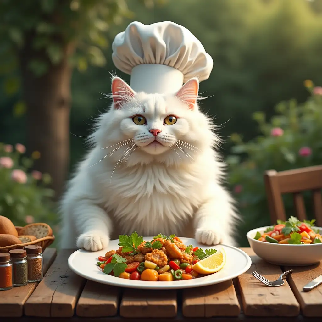 The fluffy white cat, still wearing its slightly tilted chef’s hat, stands upright at the rustic wooden table, holding a large white ceramic plate. The plate is beautifully arranged with the stir-fried chicken and vegetable medley, garnished with freshly chopped parsley and a wedge of lemon. The cat’s oversized paws handle the plate carefully, and its expression is one of joyful pride. The table is adorned with small jars of spices, a basket of freshly baked bread, and a bowl of colorful salad. The sunlight filters softly through the garden, highlighting the cat and the vibrant food.