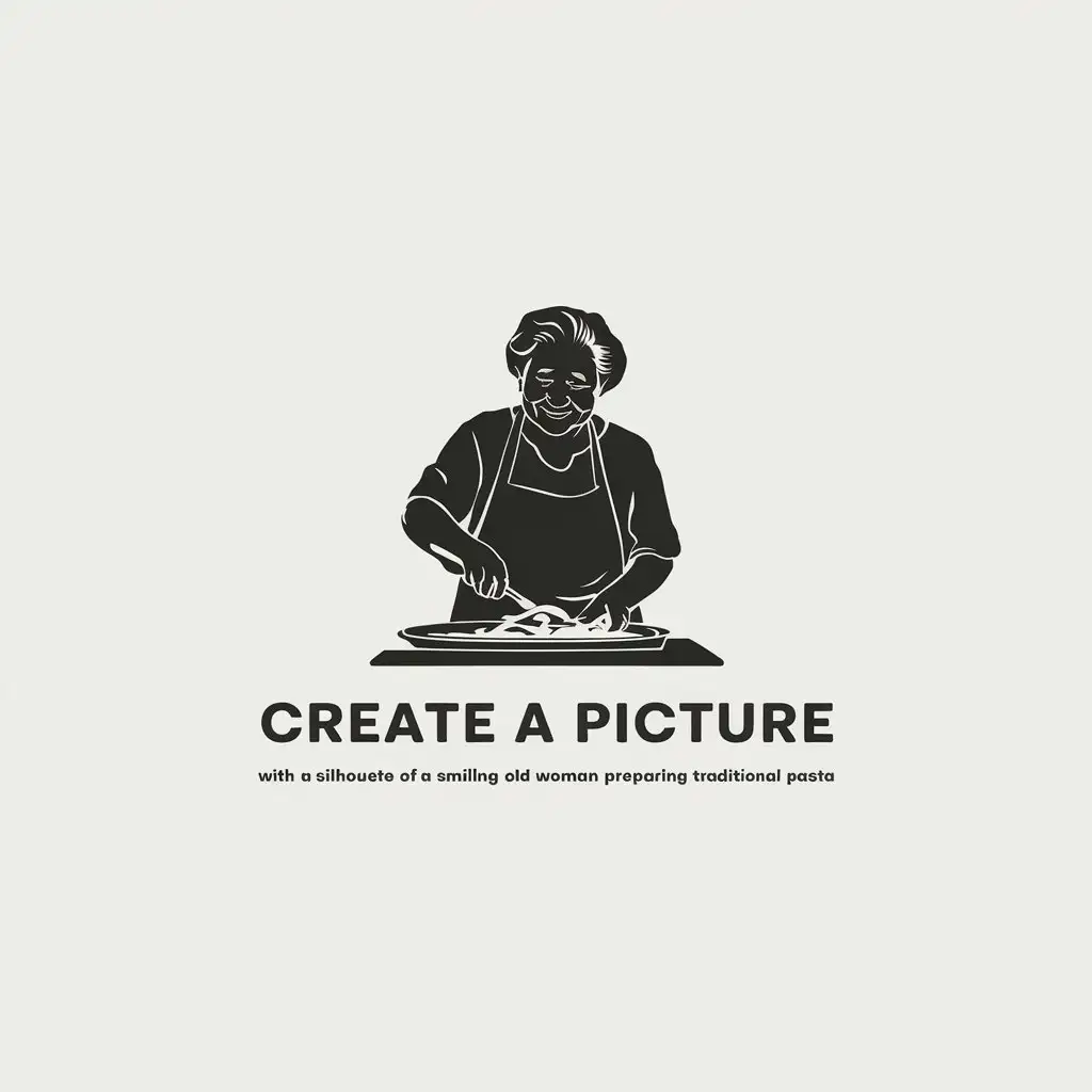 LOGO Design for Smiling Old Woman Preparing Traditional Pasta Black and White Silhouette in Minimalistic Style