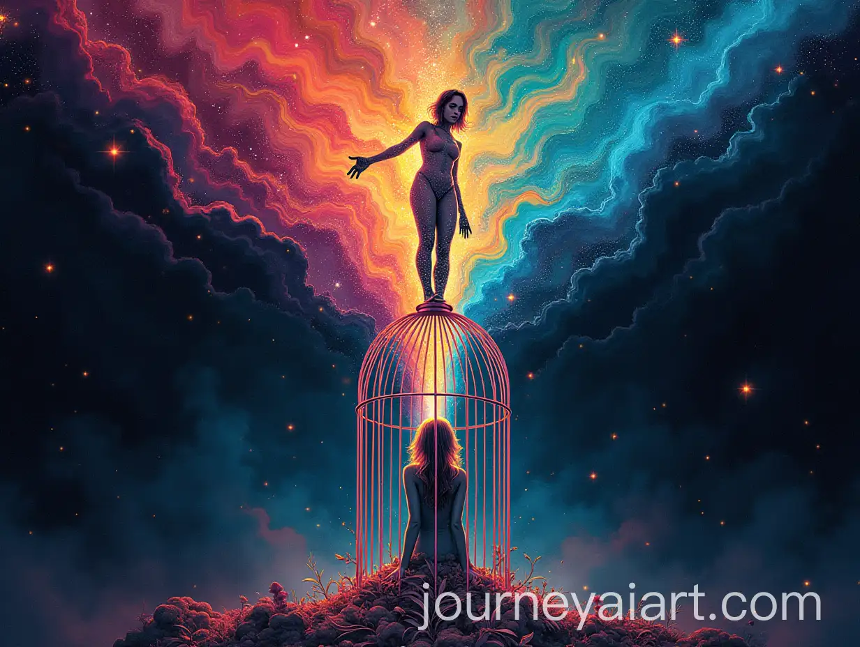 Psychedelic-Female-Figure-Escaping-Captivity-towards-Infinite-Freedom