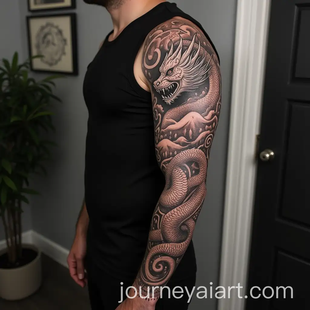 Nordic-Style-Full-Arm-Sleeve-Tattoo-Featuring-a-Majestic-Dragon