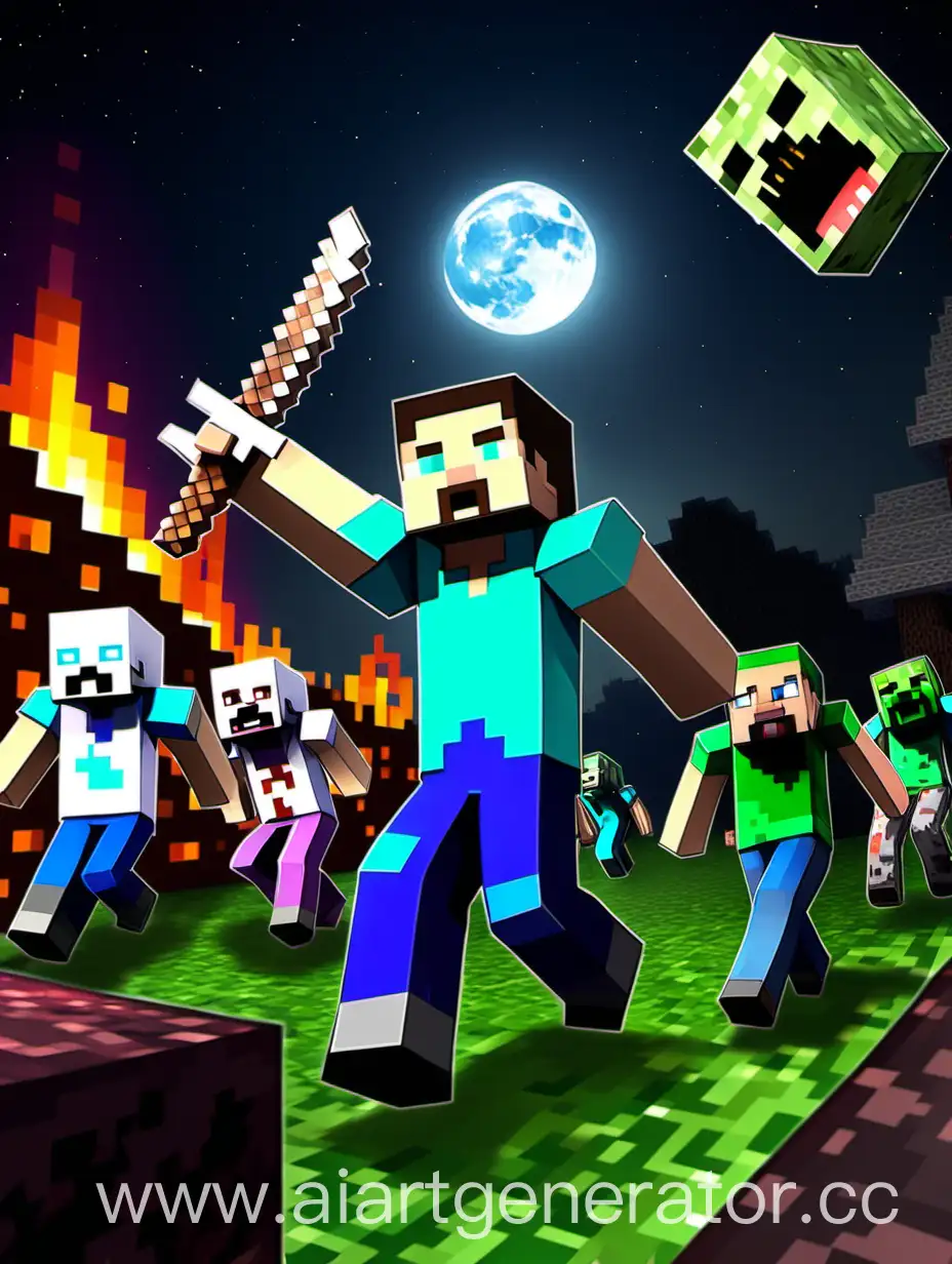 make a pic about minecraft steve hunting zombies at night.