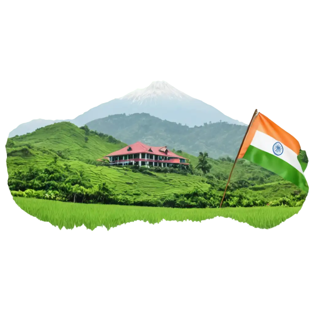 create a munnar style background and a resort infront of a flag of indian