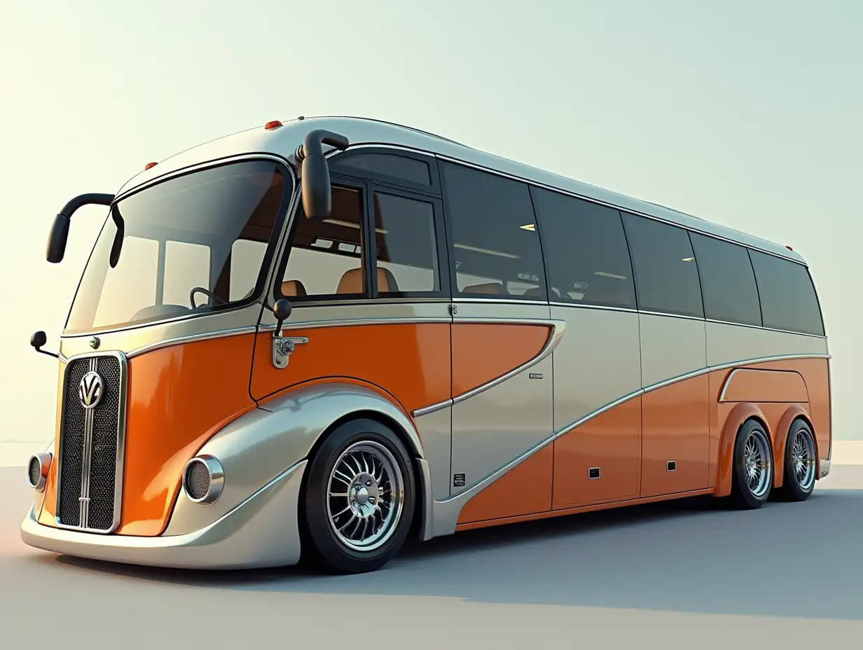 Supermodern bus with spoilers, lowered, aluminum wheels, cream, orange silver colors, Cyberpunk