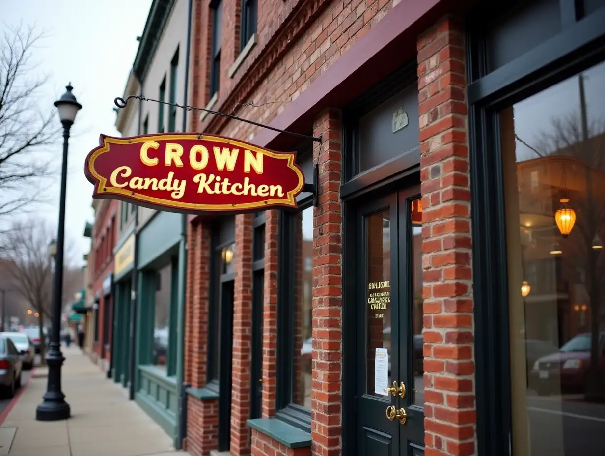 created a close-up image of the historic Crown Candy Kitchen building in North St. Louis. This image focuses on the iconic storefront, showing its vintage sign and rich brick facade, capturing the nostalgic yet vibrant atmosphere of the area.