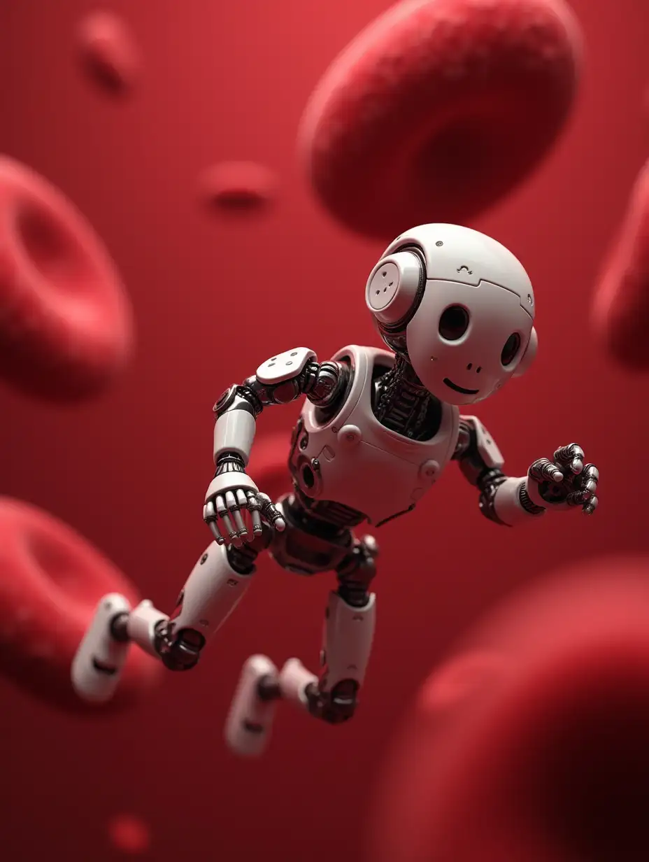 a hyper realistic image of a microscopic non humanoid robot swimming through the blood stream