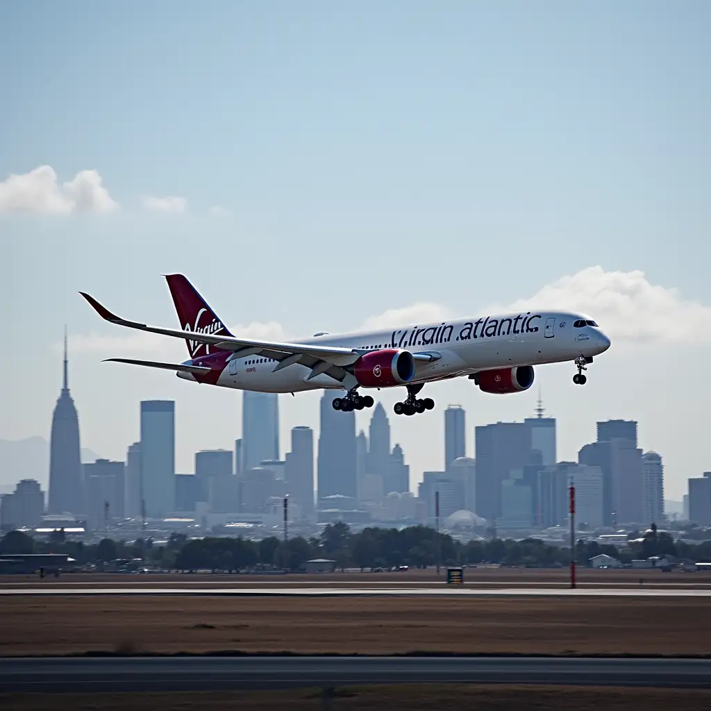 photo of an airbus a350 of virgin atlantic starting in front of the los angeles scenery, already in the air