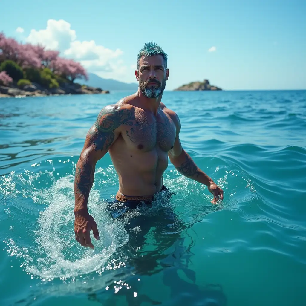 Scene: A man with a tail emerges from the sea instead of legs.  The man is muscular and strong, with tattoos, with a small beard of a fair -haired color, and bluish hair.  The sea is blue, with small waves, the sky is clear, the sun shines, in the distance you can see a bay with blooming trees