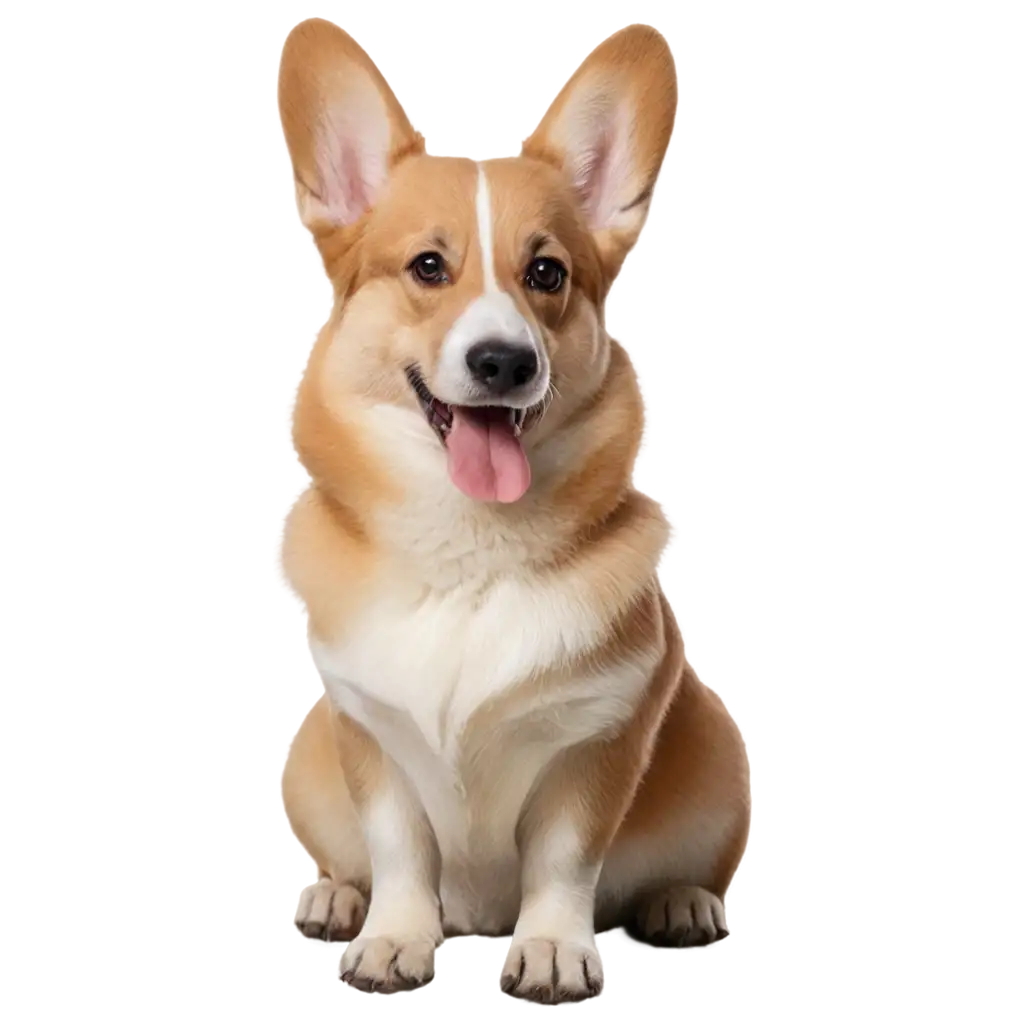 A corgi with right ear folded, sitting in the field of grass , mountain background