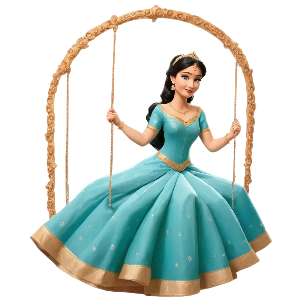 Disney-Princess-in-Indian-Bride-Style-with-Swing-PNG-Image-Traditional-Blue-Outfit-in-3D