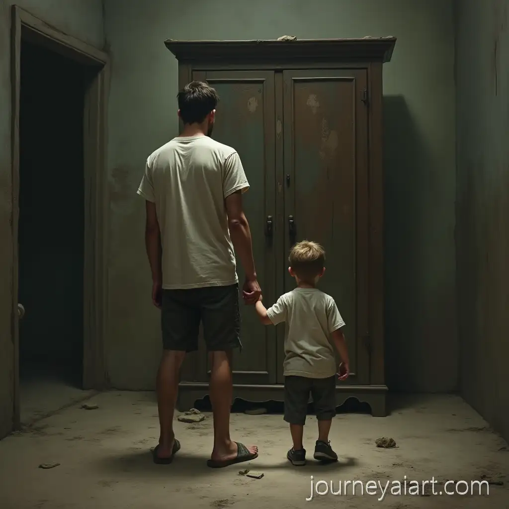 Young-Man-and-Boy-in-Dusty-Confined-Room-Facing-Ancient-Wardrobe-in-Psychological-Horror-Scene