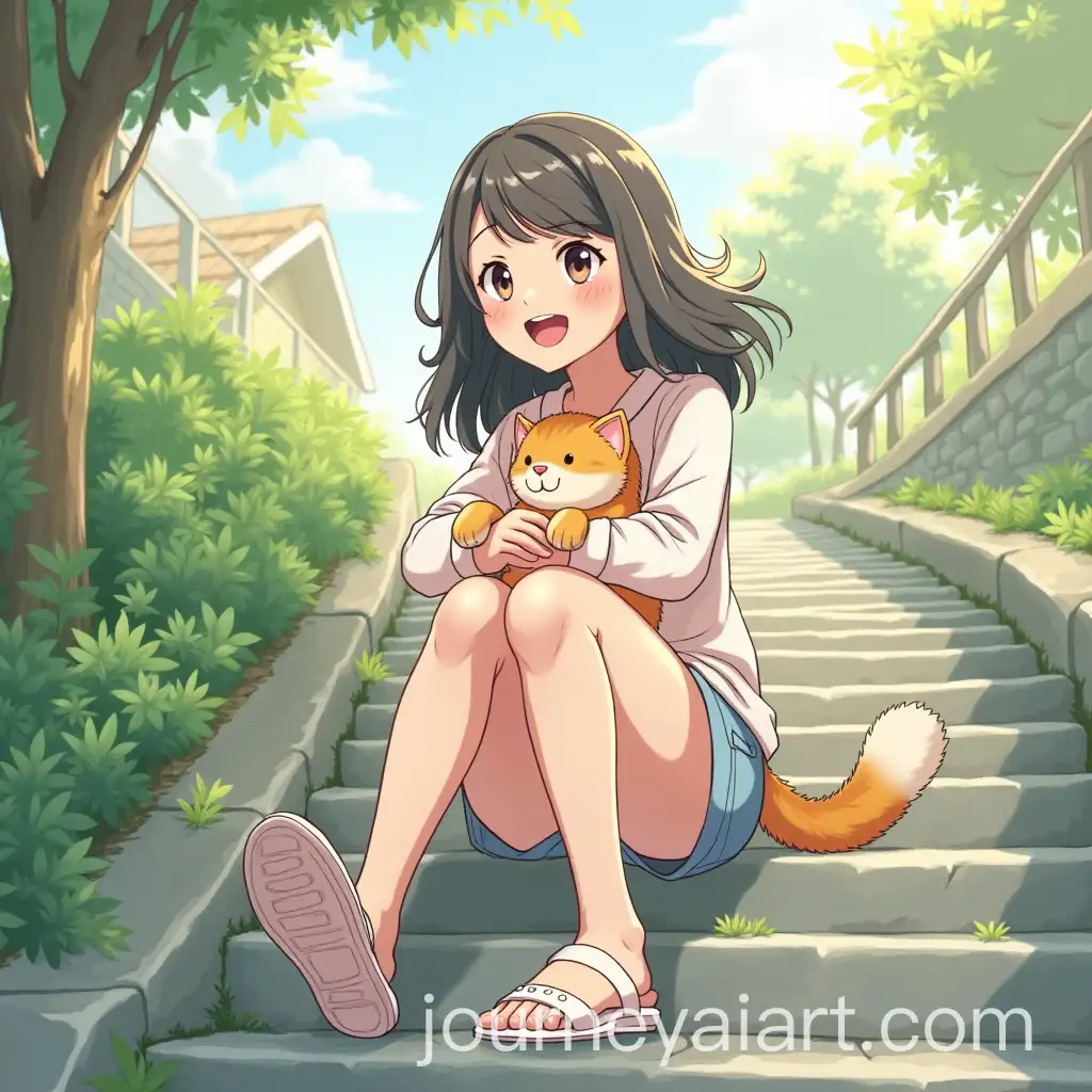 Happy-Asian-Teen-Girl-Sitting-with-Cat-on-Sunny-Stairs
