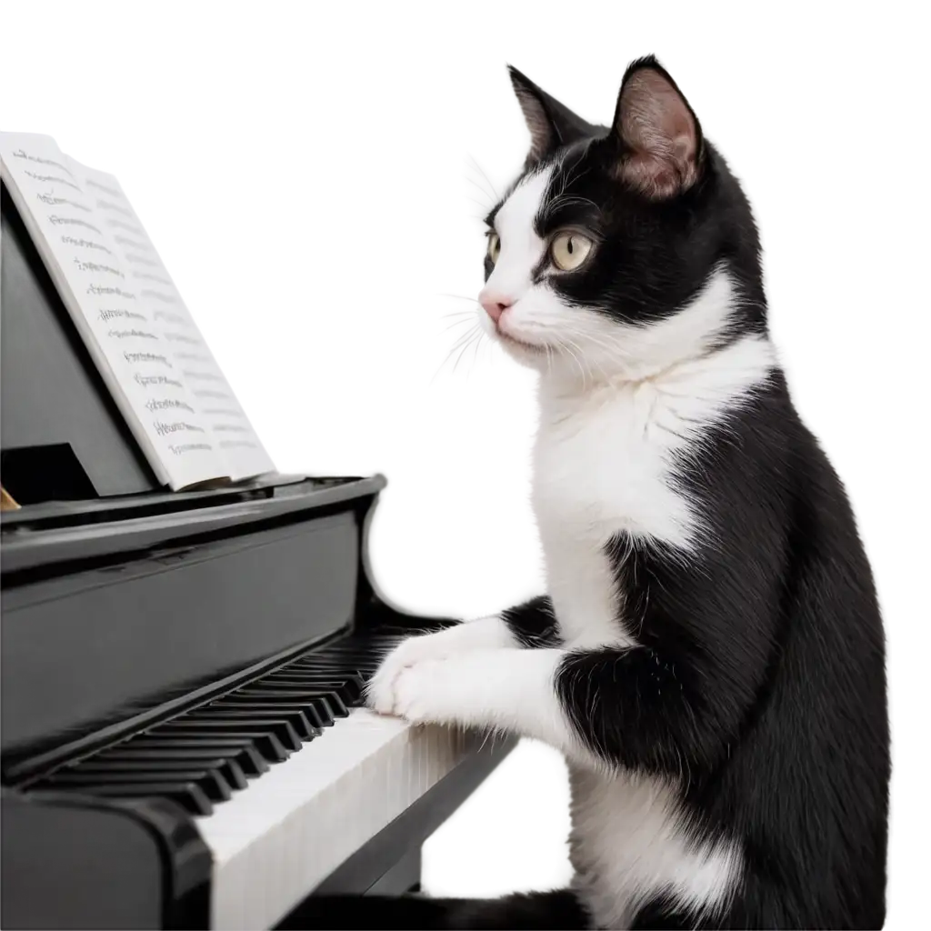 a black and white cat plays on piano