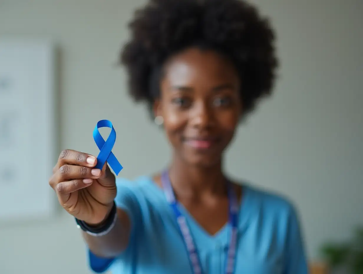 Portrait of african american mid adult woman showing prostate cancer awareness blue ribbon