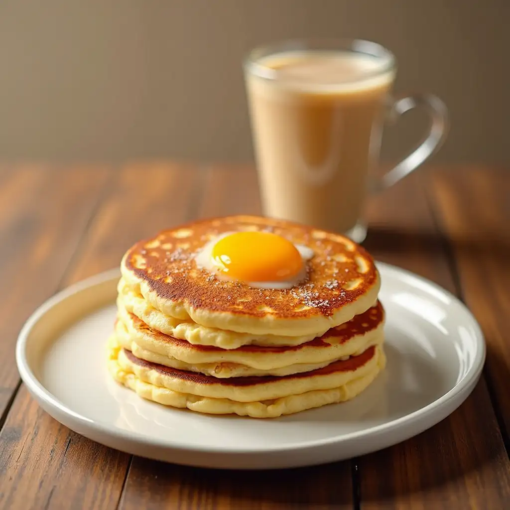 Please create a front look of cereal or an egg-based dish and pancake beside it