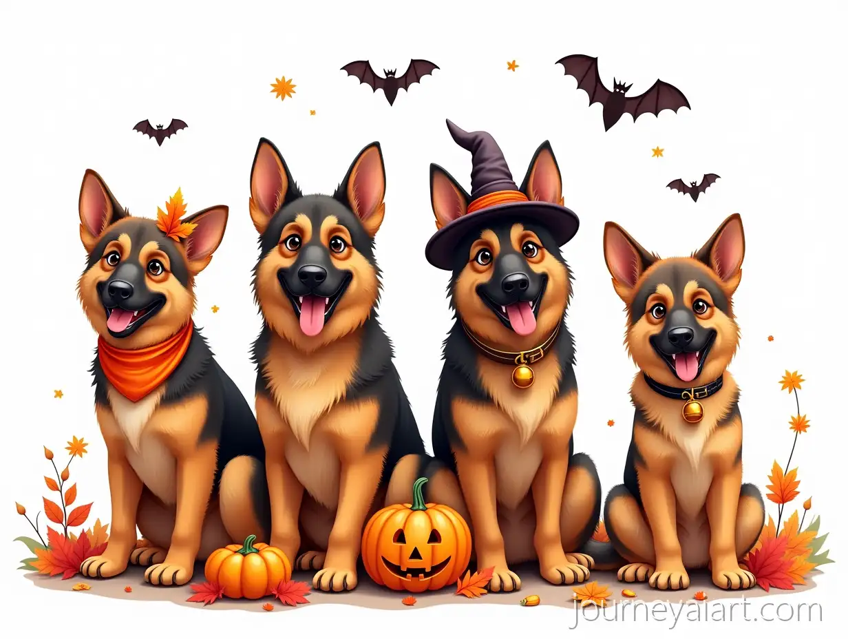 Four-German-Shepherd-Dogs-in-Halloween-and-Autumn-Costume-Scene-with-Pumpkins-and-Flying-Bats