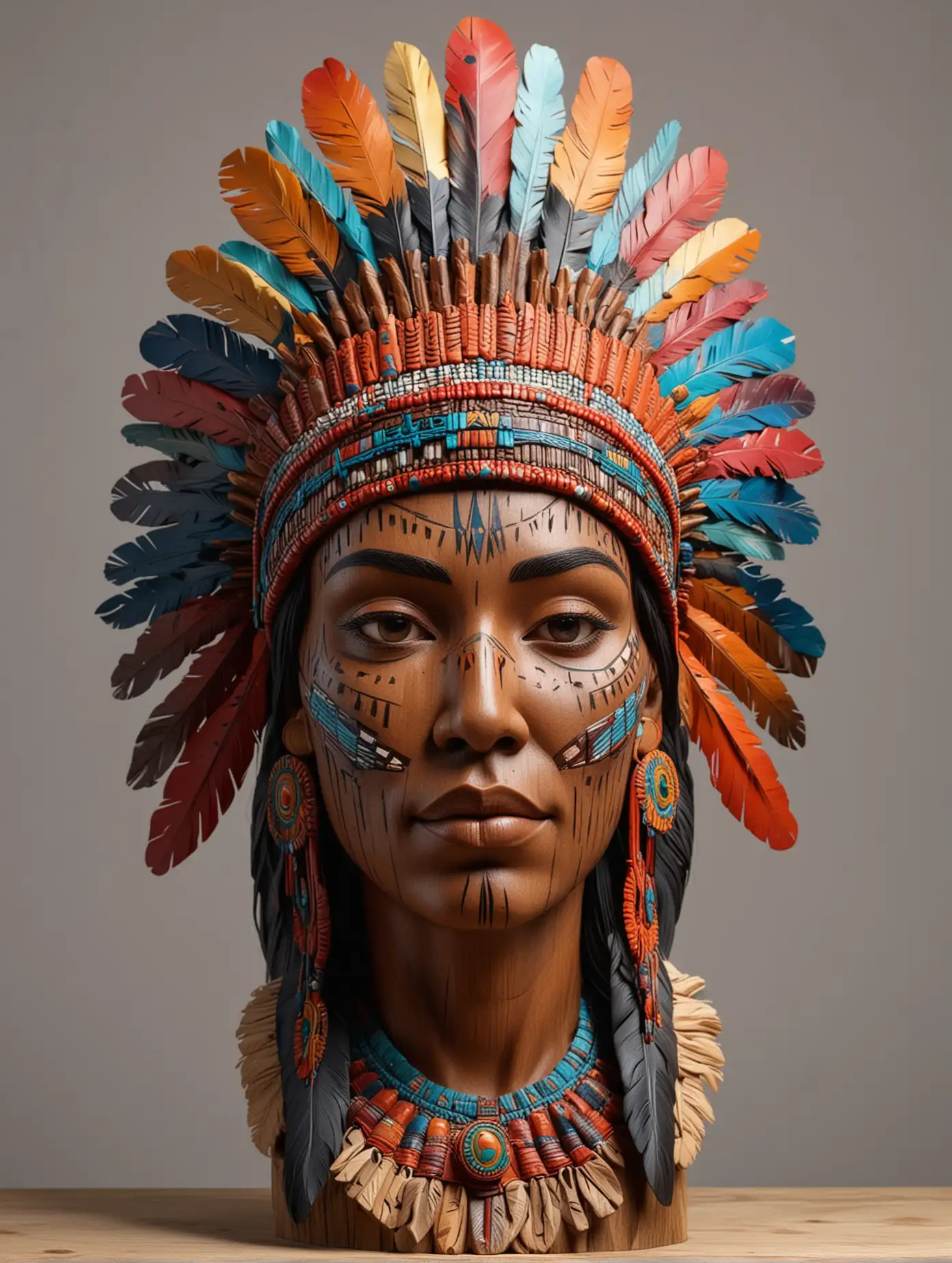 Indigenous warrior woman with magnificient colourful headdress wood carving bust depth mapping light from the right facing forward