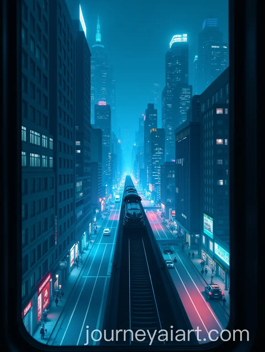 Cyberpunk-Cityscape-from-Flying-Train-at-Night-with-Blue-Lights