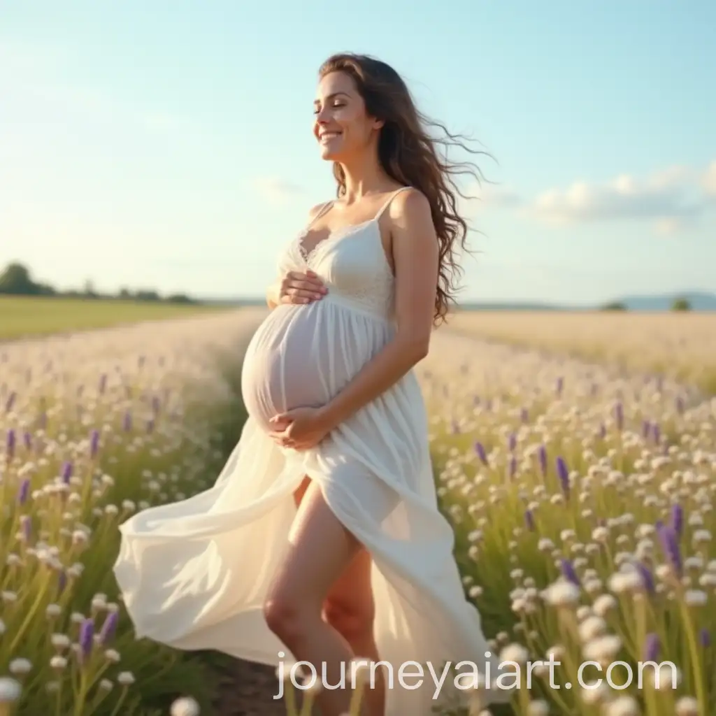 Radiant-Pregnant-Woman-in-Wildflower-Field-under-Clear-Blue-Sky