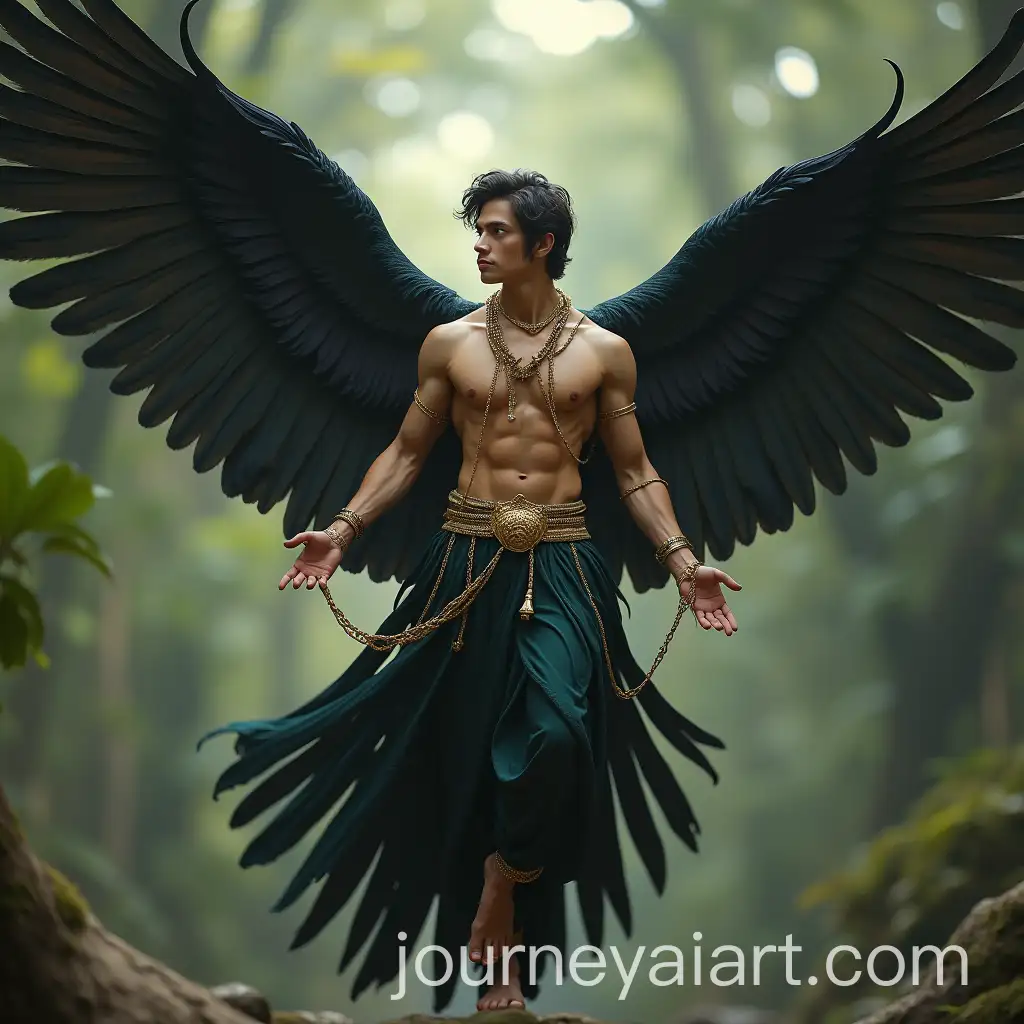 Handsome-Male-Fairy-with-Black-Bird-Wings-and-Gold-Chains-in-Flight