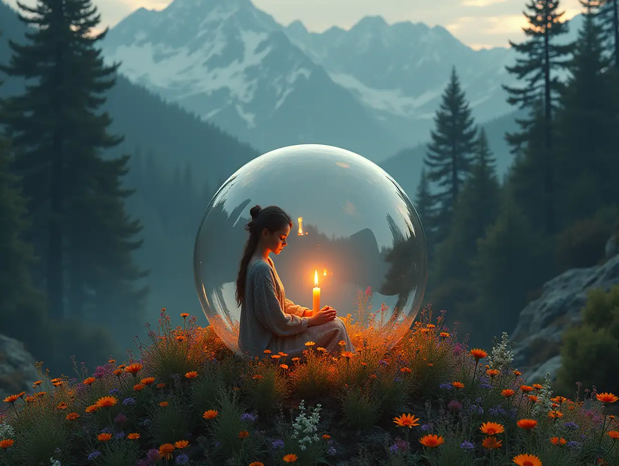 ultradetailed hyperrealistic photo-realistic portrait a woman who sits in a large glass ball before a burning candle on a mountain with many tall trees and many colorful flowers and colorful plant textures, surfaces and lighting, to add depth, dimension and a vibrant photo-realistic appearance