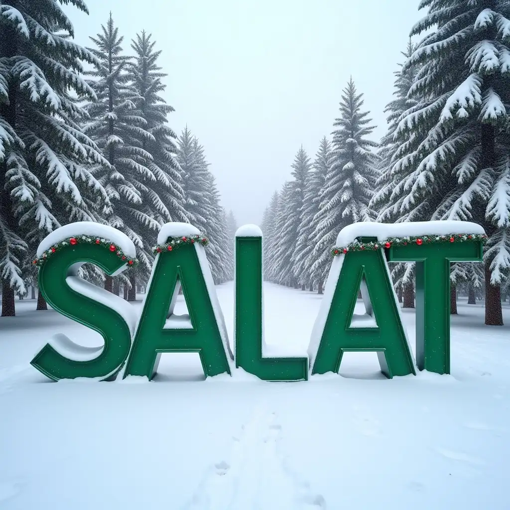 the inscription 'SALAT' is large on the snow in the winter palm forest in Sochi near the sea. Palm trees. The image is in the New Year's style. The color of the inscription is light green, there is a lot of beautiful snow around and Christmas tree toys with garlands