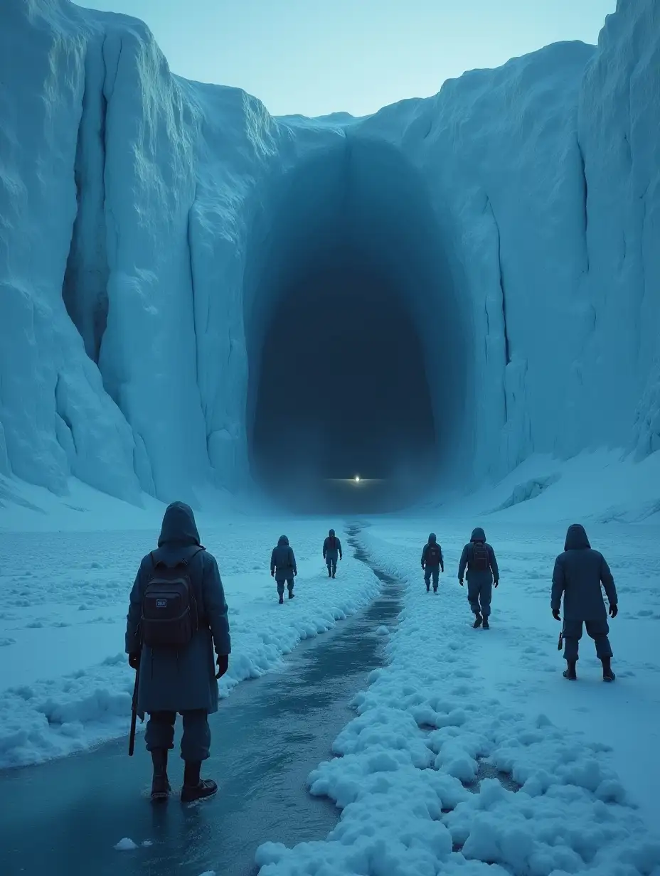 An image of a vast Antarctic landscape, where a huge glacier cracks, revealing a dark portal within. The dim light emanating from the portal suggests an unknown world, as hooded figures of scientists and military personnel look on in awe and fear, creating an atmosphere of mystery and danger.