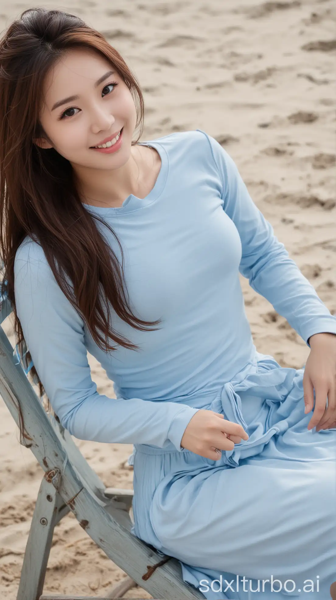 Chinese-Woman-in-Winter-Outfit-Relaxing-on-Beach-Lounge-Chair