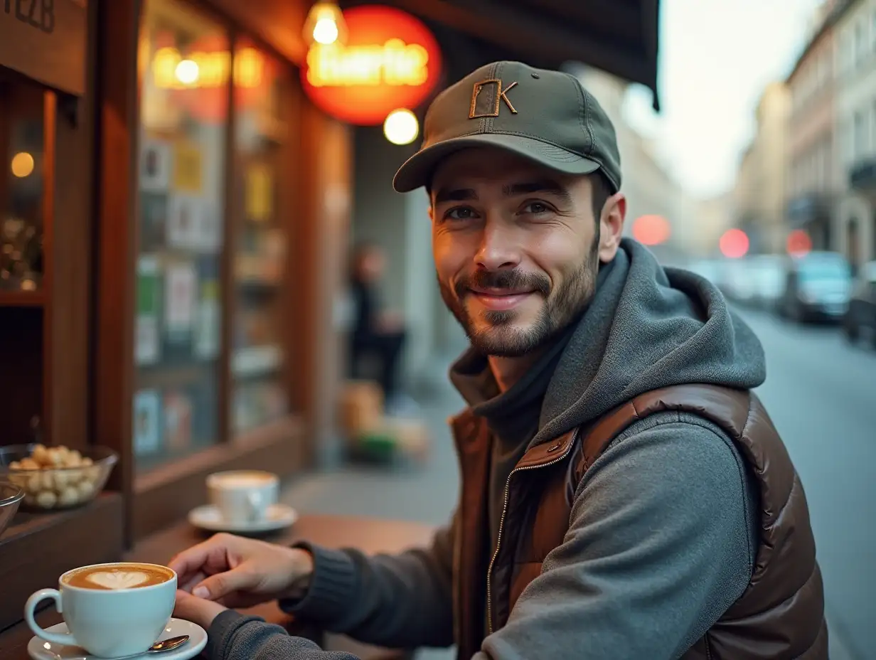 A young handsome man selling Turkish coffee on the side of the road.