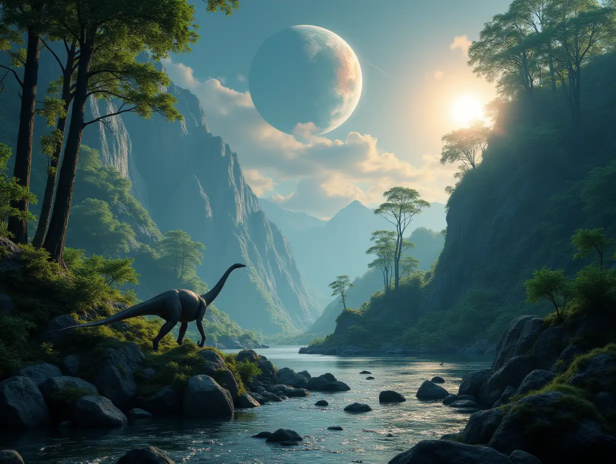 AI of alien planets with exotic plants and dinosaurs in a 4K resolution