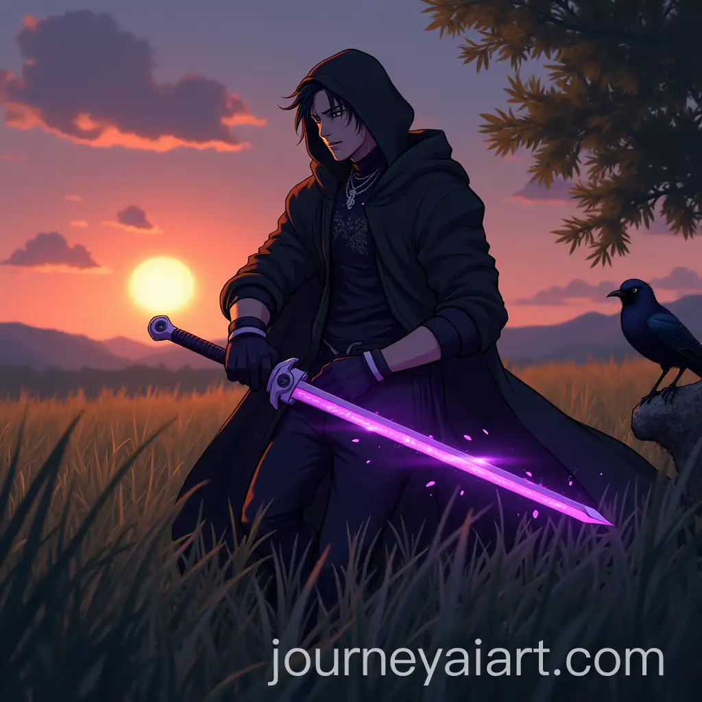 Human-Character-with-Purple-Energy-Sword-in-Lush-Field-at-Dusk