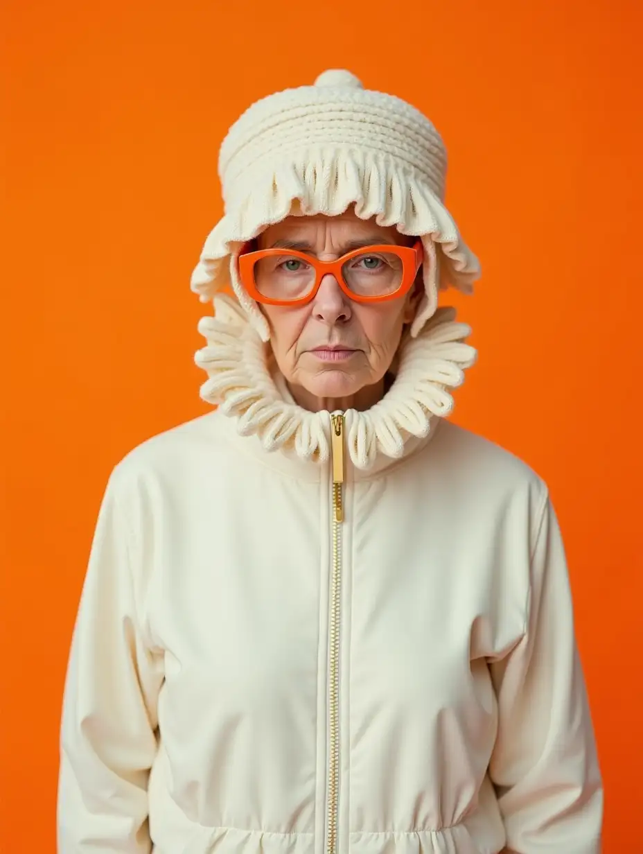 A raw editorial photography detailed portrait of an old woman with a solemn expression, wearing a modern white tracksuit, paired with a high, ruffled knit collar and a matching textured bonnet. Also wearing glasses with a bold, thick orange frame. The style combines contemporary sportswear with elements of classical renaissance fashion, creating a surreal and avant-garde aesthetic. The background is a solid vibrant orange, highlighting the figure's unique and striking appearance.