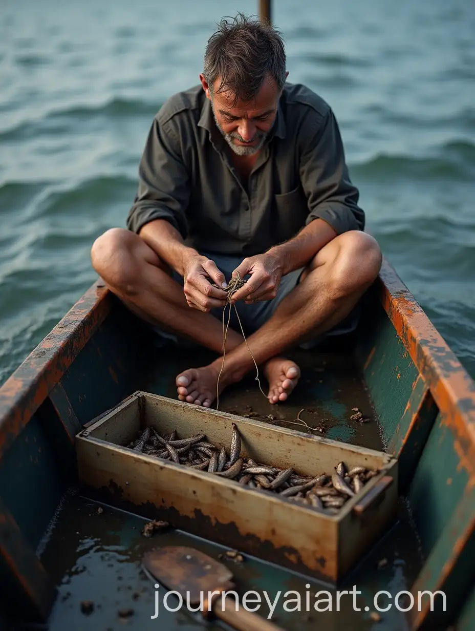 AI-Art-Prompt-ExpansionMale-Fisherman-Tying-Hook-in-Narrow-Boat-with-Rusty-Knife-and-Seawater-Seeping-In