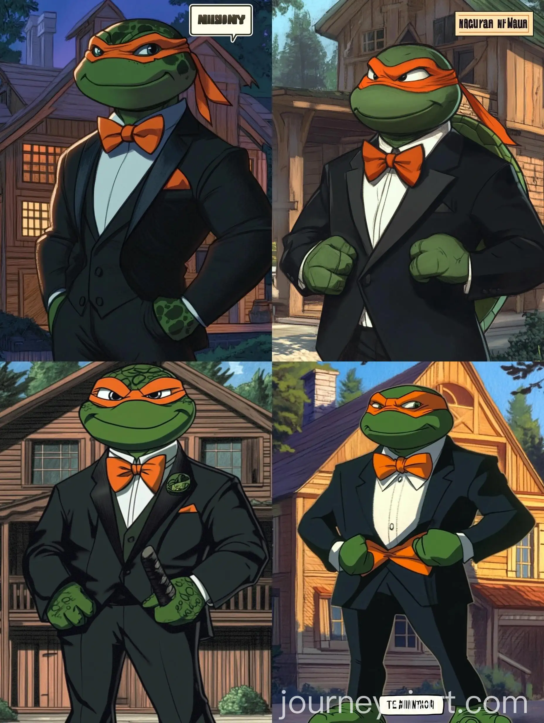 Big-Michelangelo-Teenage-Mutant-Ninja-Turtle-in-Black-Suit-Standing-by-Large-Wooden-House